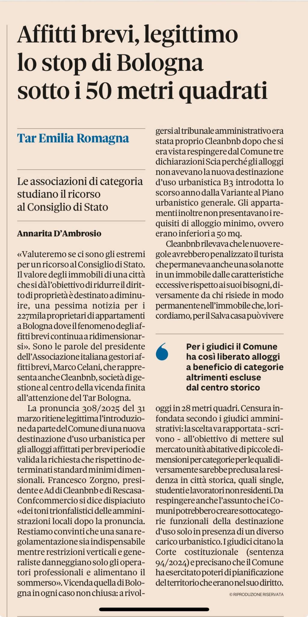 Affitti brevi, legittimo lo stop di Bologna sotto i 50 metri quadrati