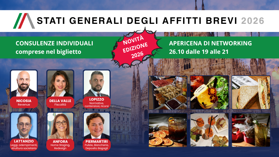 IL TERZO TEMPO DEGLI AFFITTI BREVI: LIGHT DINNER CON GLI SPEAKER, I CONSULENTI ED I FORNITORI SELEZIONATI DA AIGAB AGLI STATI GENERALI DEGLI AFFITTI BREVI, 26 E 27 OTTOBRE 2026, AL TEATRO NAZIONALE DI MILANO