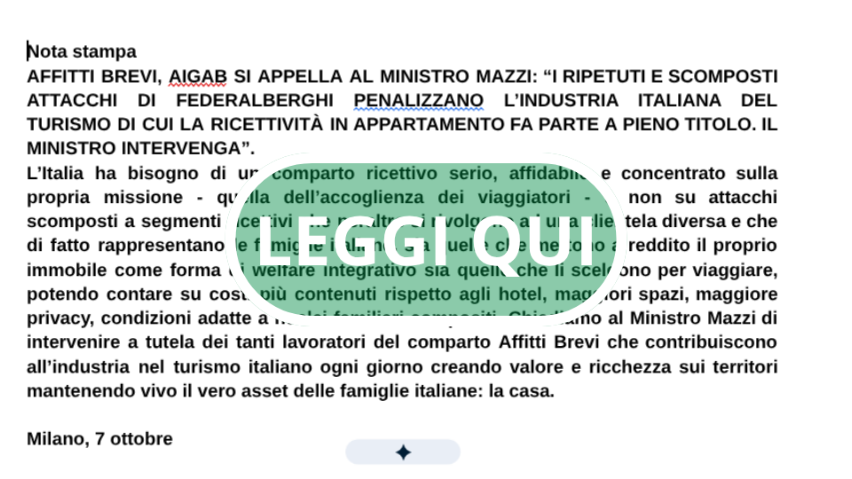 AFFITTI BREVI, AIGAB SI APPELLA AL MINISTRO MAZZI CONTRO ATTACCHI FEDERALBERGHI